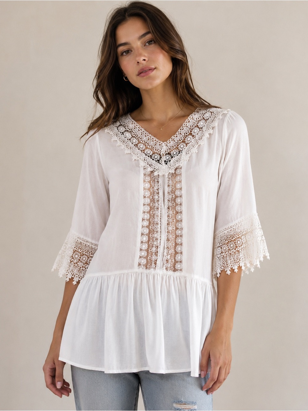 Solitaire White Tunic Top Medium Lace Peasant Boho Cottagecore Swim Cover Up